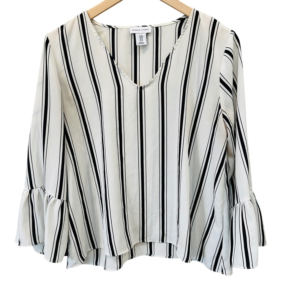 Whimsical White Black Striped V-Neck Peplum Bell Ruffle Sleeve Blouse Career M